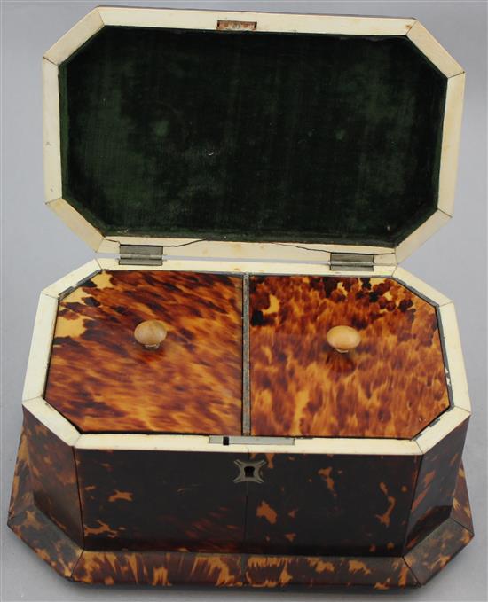 A Victorian tortoiseshell two division tea caddy, 9in.